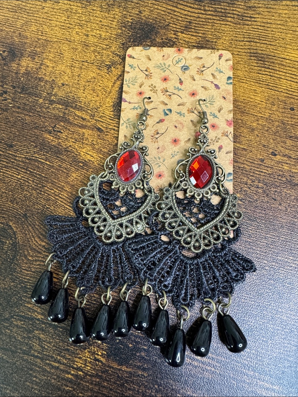 Hand Crafted Black Lace Chandelier Earrings with Red Gem Accents